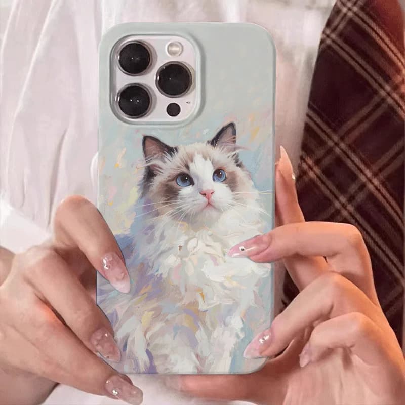 Cute Oil Painting Puppet Cat Sweet And Beautiful Phone Case For iPhone 17 AIR 16 15 14 13 PRO MAX PLUS Dustproof Cover