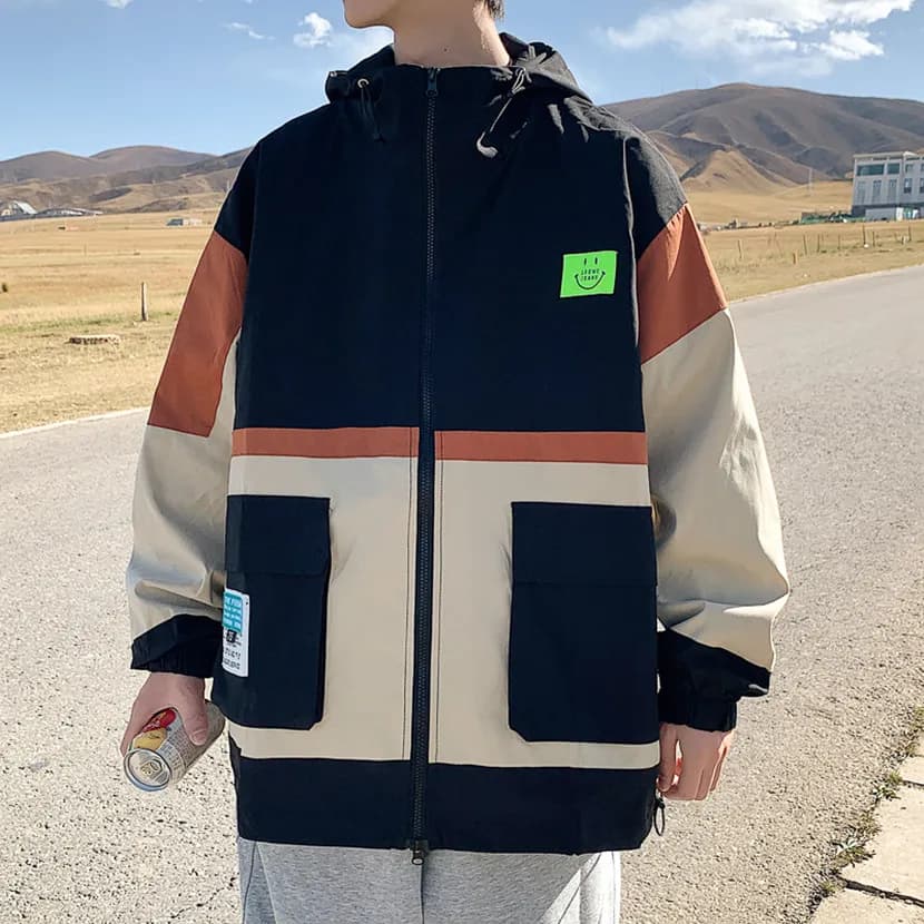 Giacca da Lavoro da Uomo Stile Hong Kong con Patchwork e Cappuccio, Nuova Giacca Pilota Primaverile Autunnale, Top Ampio Trendy a Maniche Lunghe con Cerniera