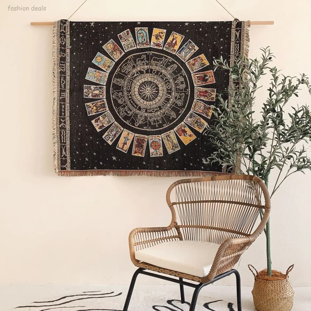 Coperta con motivo Tarocchi e Zodiaco, Copridivano Boho in tessuto con nappe, Arazzo da parete Astrologico, Tappetino da campeggio, Coperta per auto