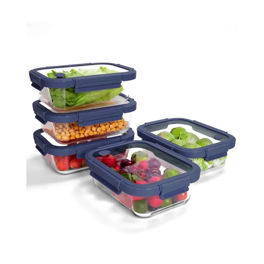 Contenitori in Vetro Borosilicato con Coperchi Temperati, Set da 35.2oz (4.4 Tazze) per Preparazione Pasti, Ermetici, Adatti a Microonde e Congelatore, Blu