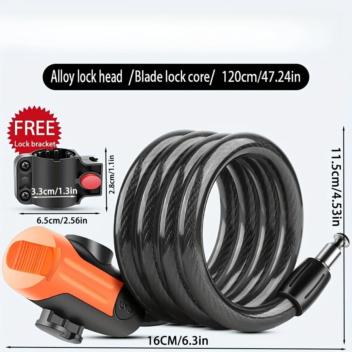 Lucchetto a chiave per mountain bike, bici elettrica per moto antifurto Lucchetto a filo da 47 pollici Lucchetto a catena fisso Lucchetto per bicicletta con staffa di montaggio