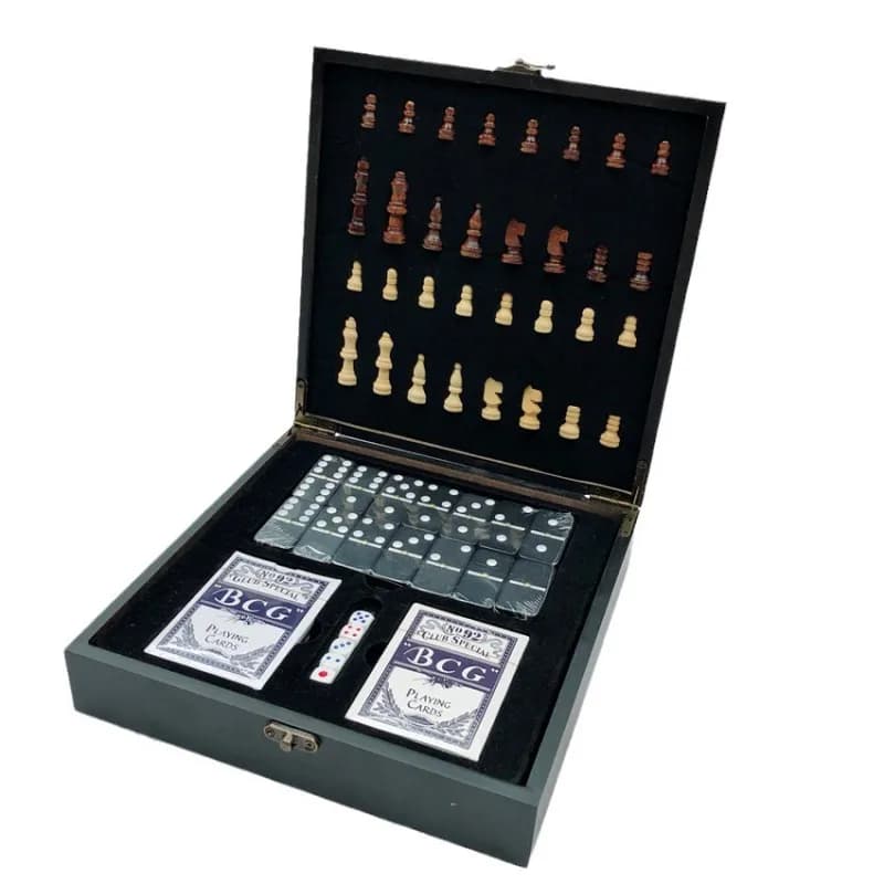 Wooden Chess Set All in One Game Box with Dominoes Playing Cards Dice Child Safe Portable Storage Board Game for Family Gift