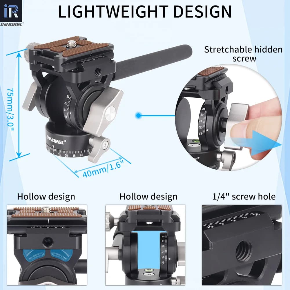 Testa Panoramica Idraulica Ammortizzata per Treppiede, per Fotocamere DSLR, Videocamere, Smartphone, Treppiedi, Monopiedi, Slider - Testa Fluida Portatile per Video