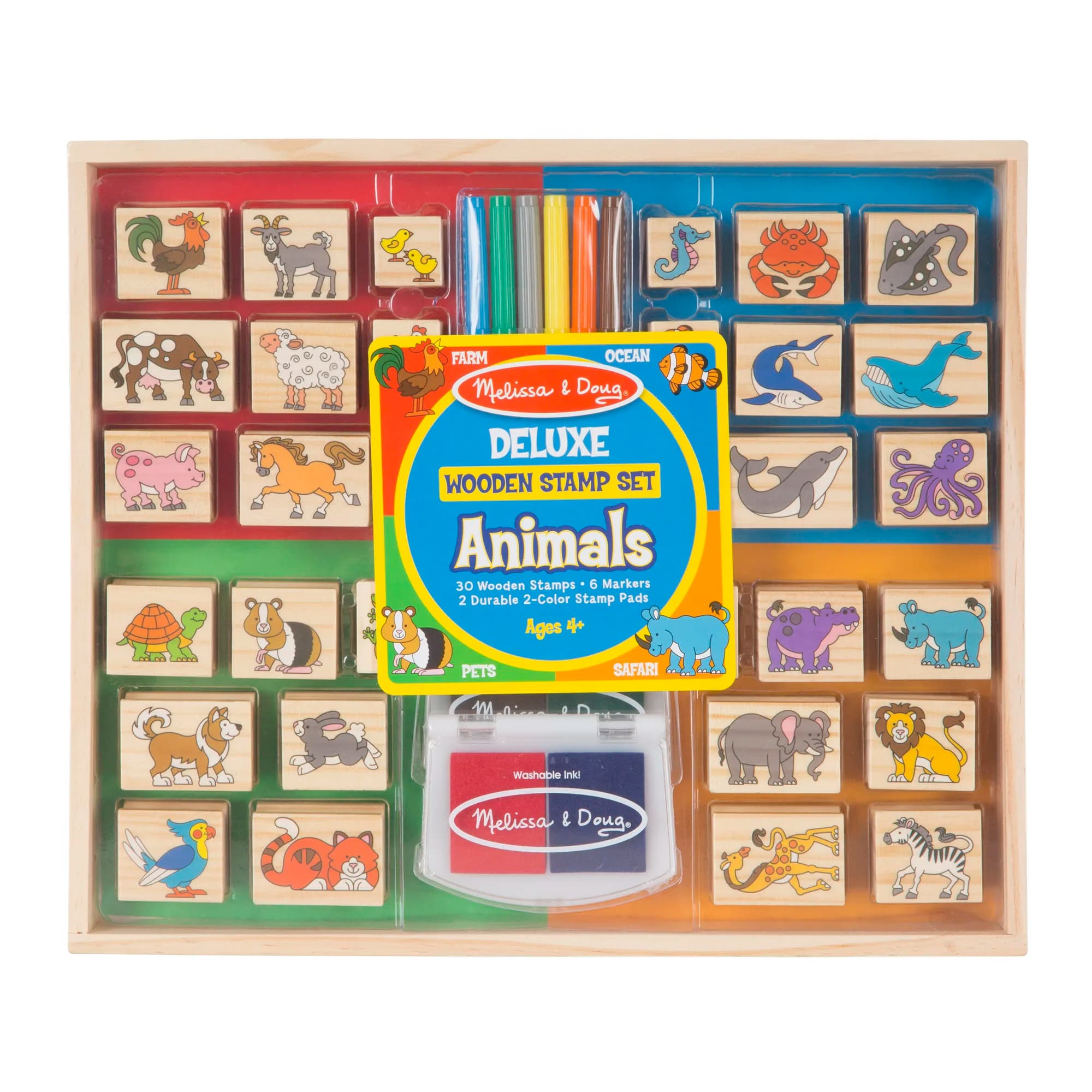 Deluxe Wooden Stamp Set Featuring 30 Animal Designs with 6 Markers and 2 Stamp Pads
