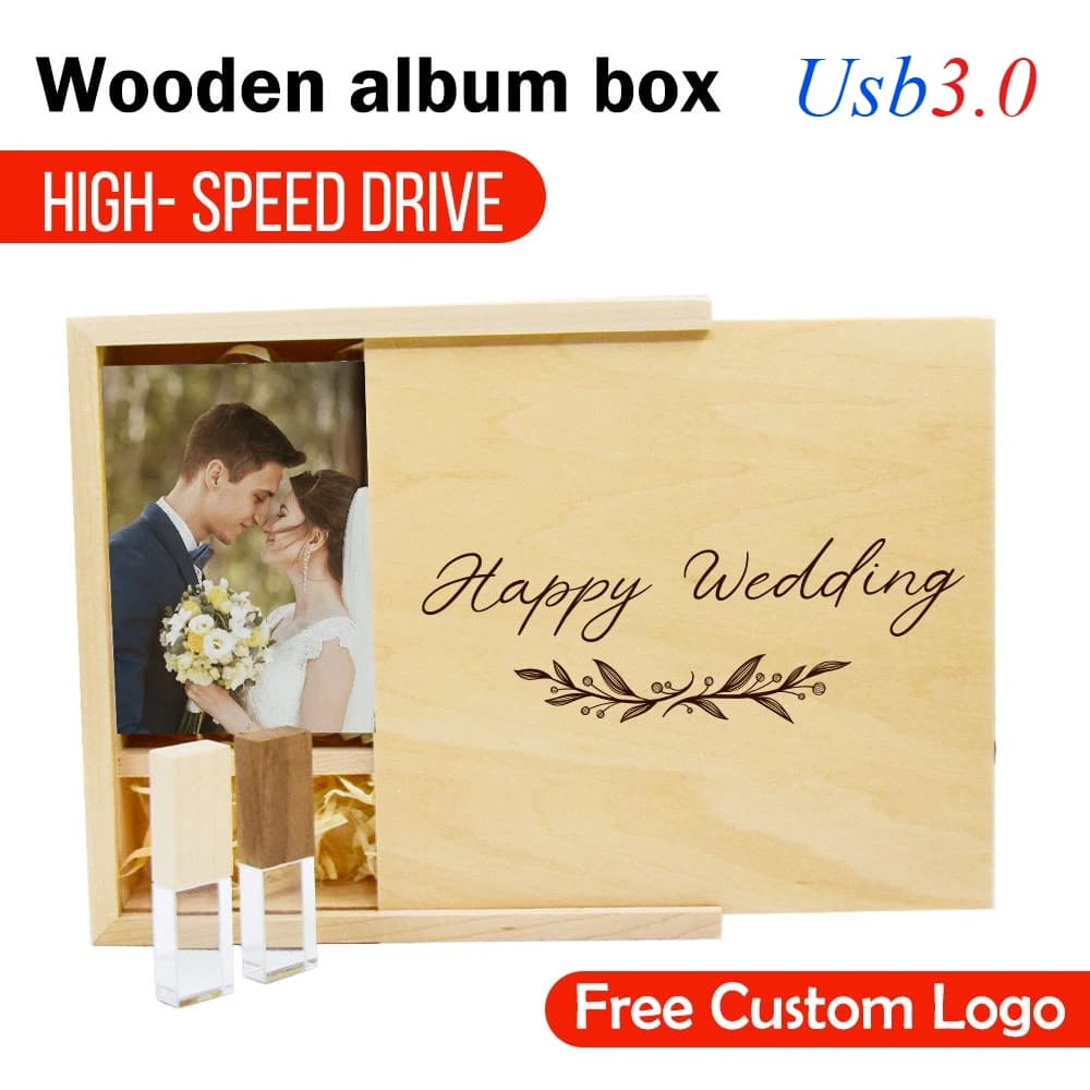 Scatola portafoto in legno con chiavetta USB 3.0 da 128GB, logo personalizzato gratuito, memory stick da 64GB, regalo creativo per matrimonio, pen drive da 32GB