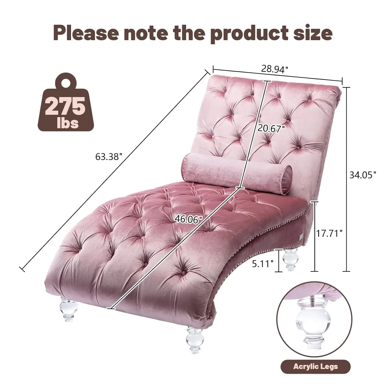 Chaise Longue Imbottita in Velluto Rosa per Interni, con Bottoni Trapuntati, Gambe in Acrilico e Cuscino Lombare Personalizzato