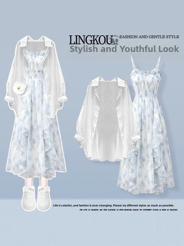 Spring Summer Gentle Wind Set Women Anti-Aging Sunscreen Shirt with Tea Break Floral Halter Dress Two-Piece Set Elegant Waist...