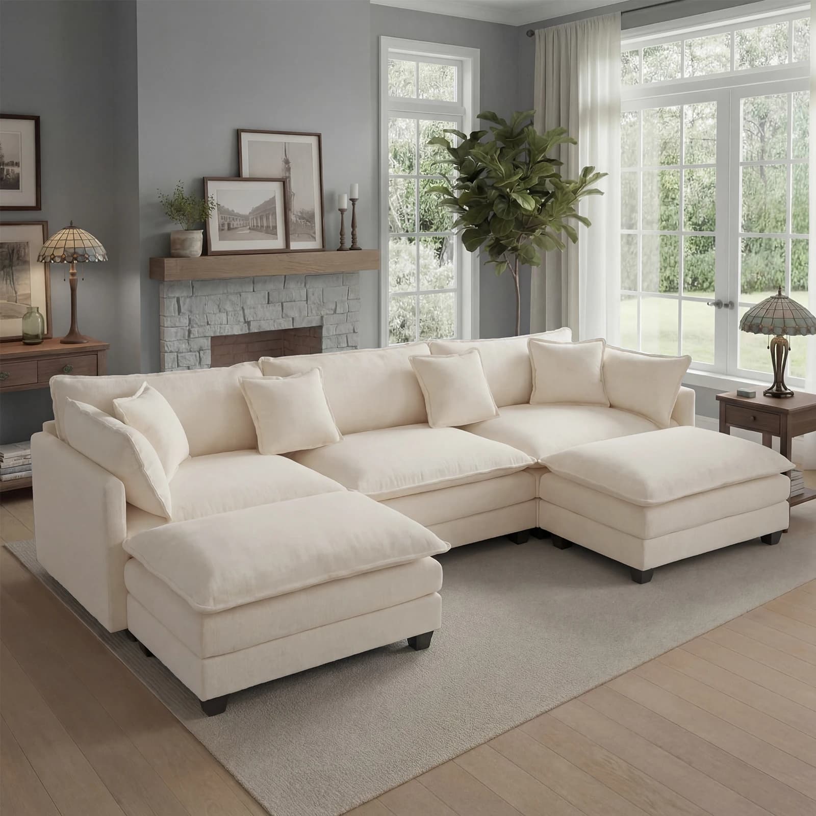 Divano Componibile Redlife 113.4" con Pouf, Comodo Divano Cloud con Seduta Profonda (23.6" D), Struttura in Legno Massello, per Soggiorno