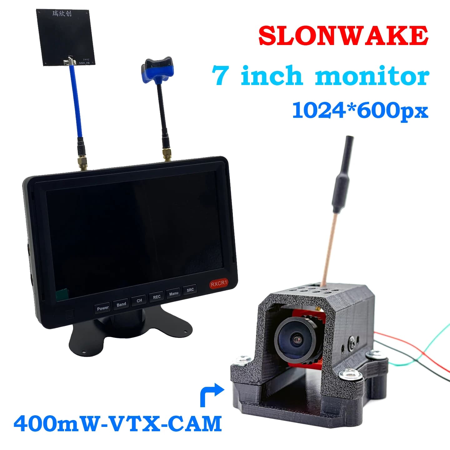Monitor FPV da 5,8G 48CH da 7 pollici Batteria incorporata 1024 * 600px e trasmettitore VTX regolabile da 400 mW tutto in una fotocamera cmos 1500TVL fpv
