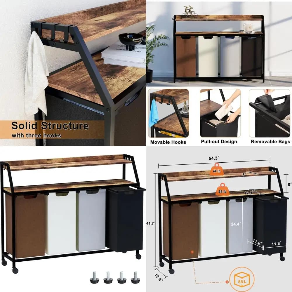 4 Sections Bucato basket with 2 shelves and removable fabric bags