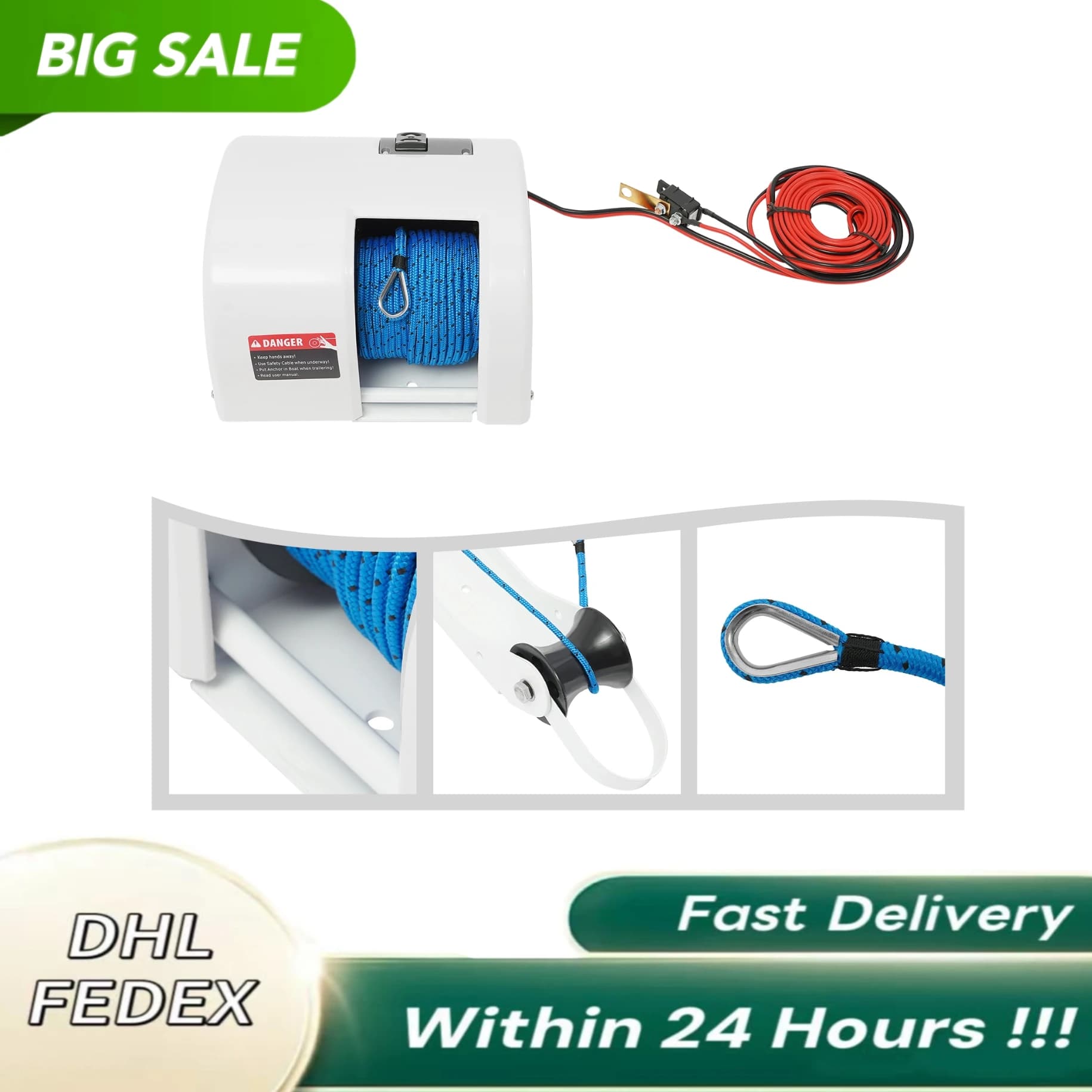 Verricello di ancoraggio elettrico Verricello di ancoraggio per barche per acqua salata 12V IP65 Impermeabile Potente abbassamento e retrazione della corda per barche