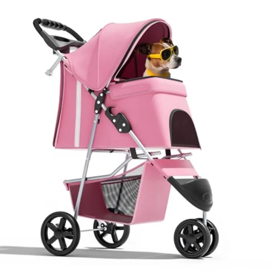 Passeggino a 3 ruote per animali domestici, pieghevole e leggero, per cani e gatti di piccola e media taglia fino a 15 kg, con copertura in rete rosa, C