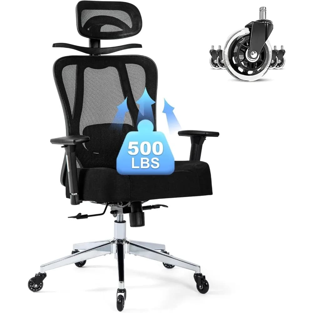 Sedia da ufficio Sedia da scrivania ergonomica in rete da 500 libbre per persone pesanti, sedia da ufficio resistente di grandi dimensioni con ampio cuscino del sedile spesso, 3