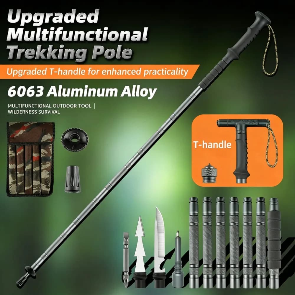 Foldable Trekking Stick, Aluminum Alloy Resistant, T Handle Anti-slip, Multifunction Stick for Hiking and Outdoor Walking, Ideal for Camping