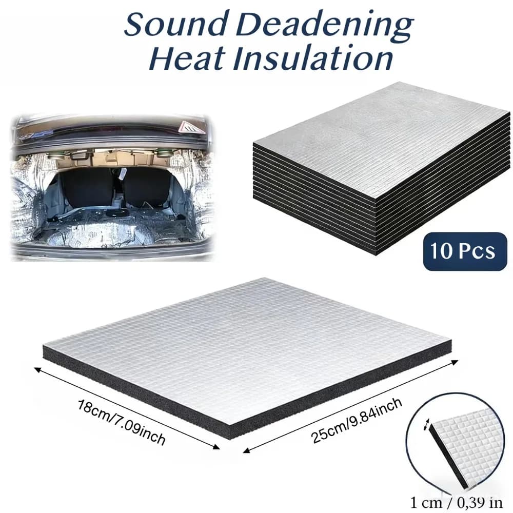 10 Pieces Car Sound Absorbent Mat 10mm, Aluminium Thermal Insulation, Soundproof Foam for Doors, Roof and Hood