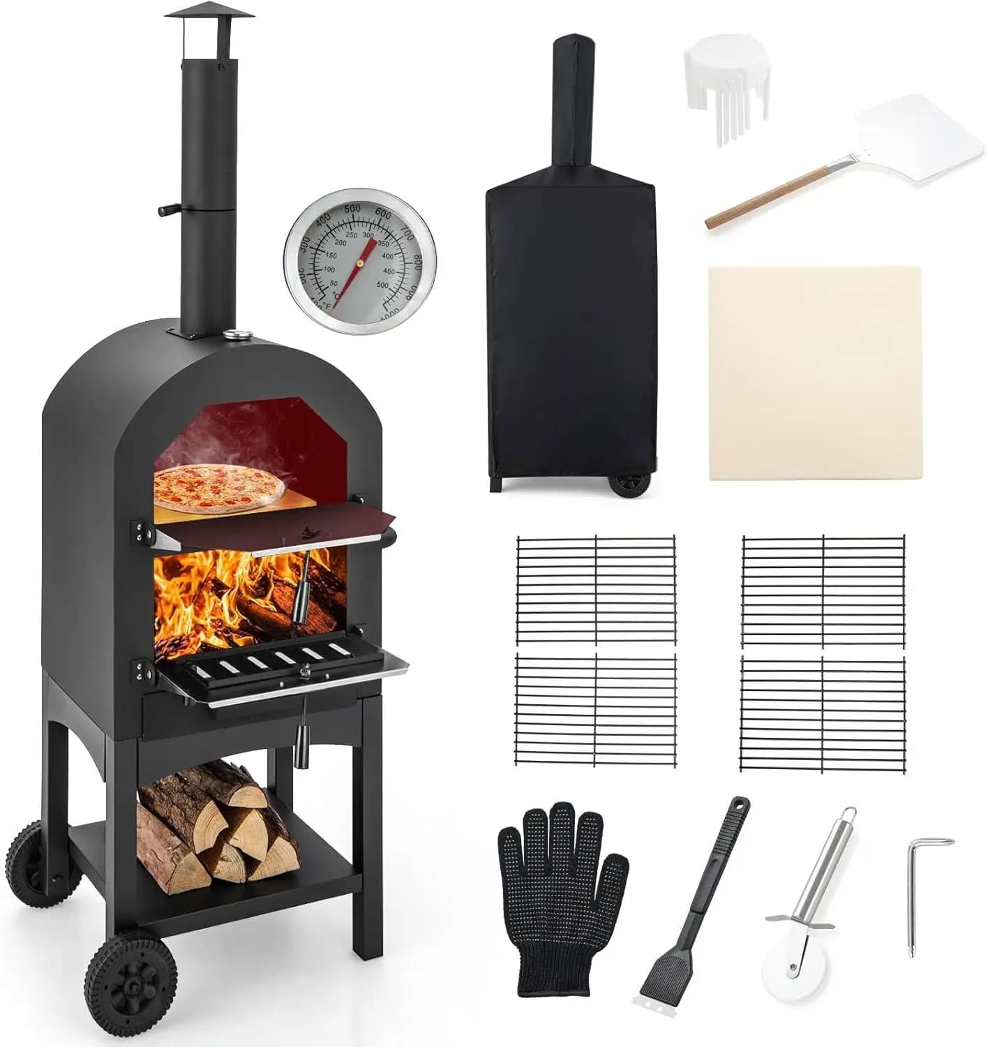 Forno per pizza da esterno a legna con pietra refrattaria, copertura impermeabile, canna fumaria e pala, grill per pizza da patio, riscaldatore per pizza