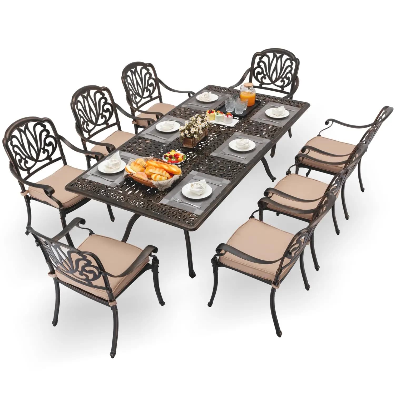 Set da pranzo da esterno in alluminio pressofuso da 9 pezzi per 8 persone, tavolo rettangolare da 87 pollici e 8 sedie impilabili imbottite con foro per ombrellone, personalizzabile