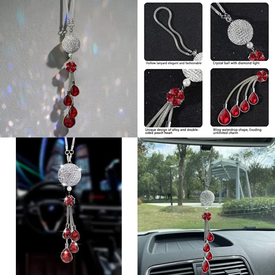Bling Accessories for Women and Men - Car Mirror Hanging Crystal Ball, Lucky Sun Catcher Ornament, Rear View Mirror Flower Char