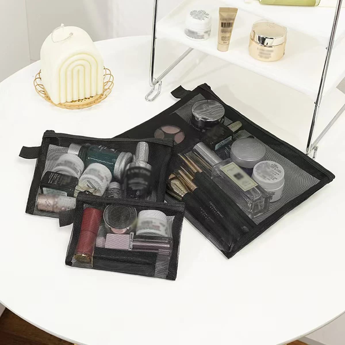 Borsa per cosmetici in rete da donna Borsa da viaggio per trucco Organizzatore Borsa per trucco femminile Custodia per bellezza da toilette piccola e grande portatile