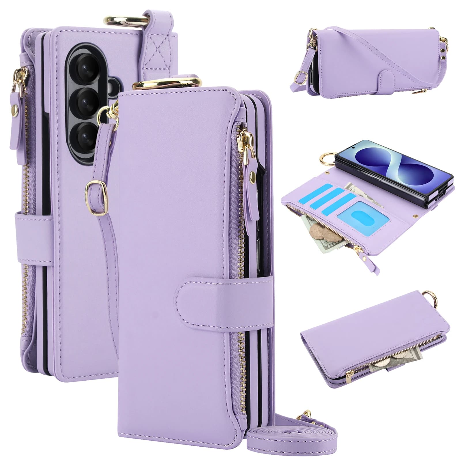Multi-Functional Crossbody Leather Wallet Case For Samsung Galaxy Z Fold 4 5 6 7 8 Ultra RFID Zipper Ring Holder Wrist Kickstand