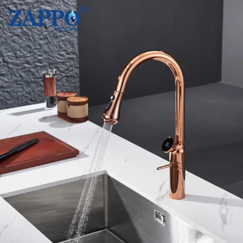 ZAPPO Rubinetto da cucina a 3 modalità Rubinetto per lavello girevole a 360 gradi in oro rosa Display a LED della temperatura Miscelatore caldo freddo ad arco alto