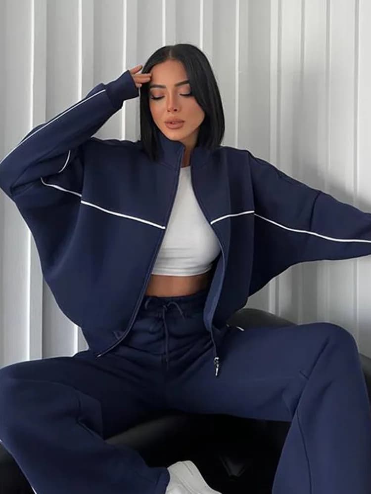 FSMG Set sportivo casual oversize a righe con mezza zip e collo alto, felpa a maniche lunghe da donna, pantaloni con elastico in vita, set da 2 pezzi