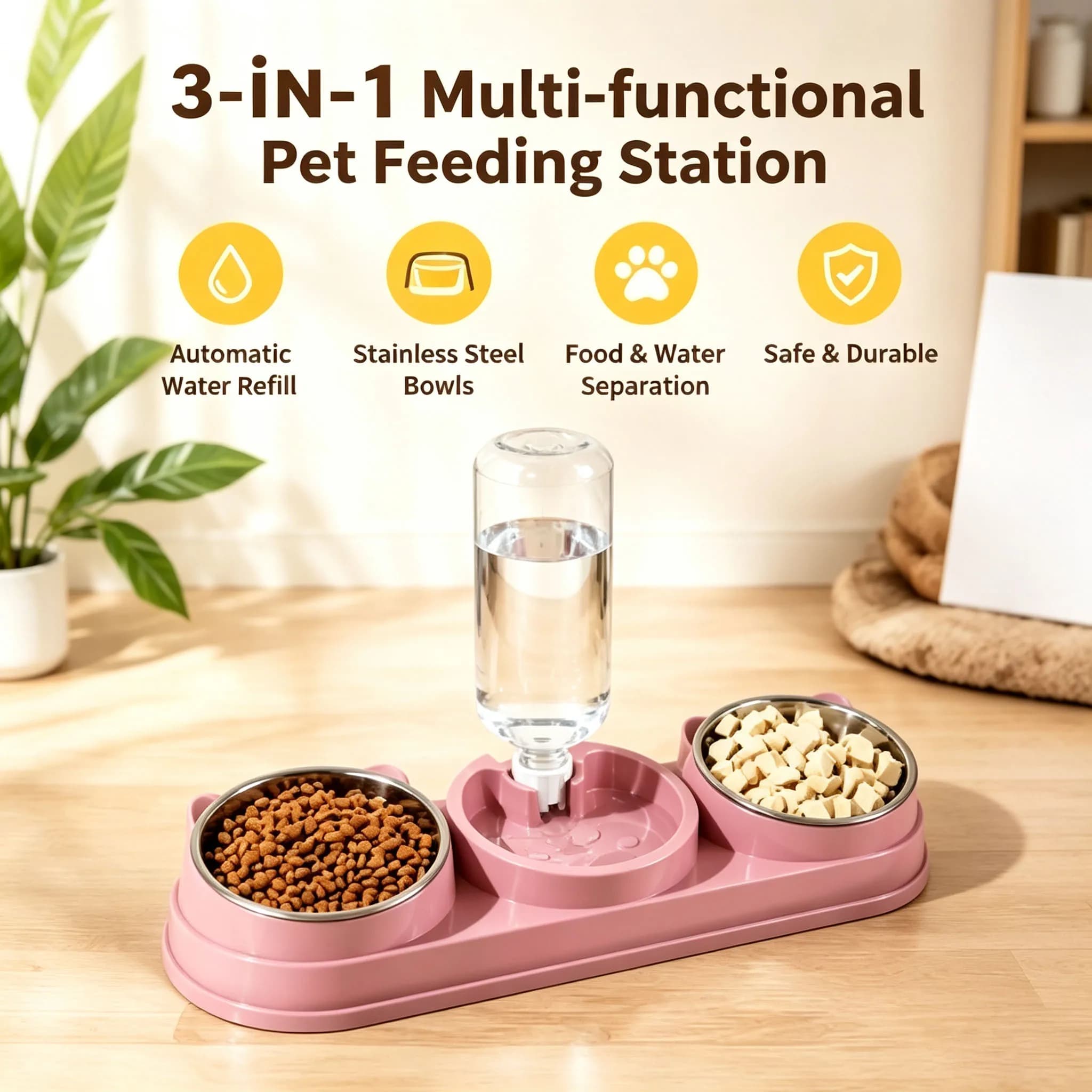 3 in 1 Pet Feeding Bowl Set Automatic Water Dispenser Removable Stainless Steel Food Bowls for Cats Small Dogs 4 Optional Colors