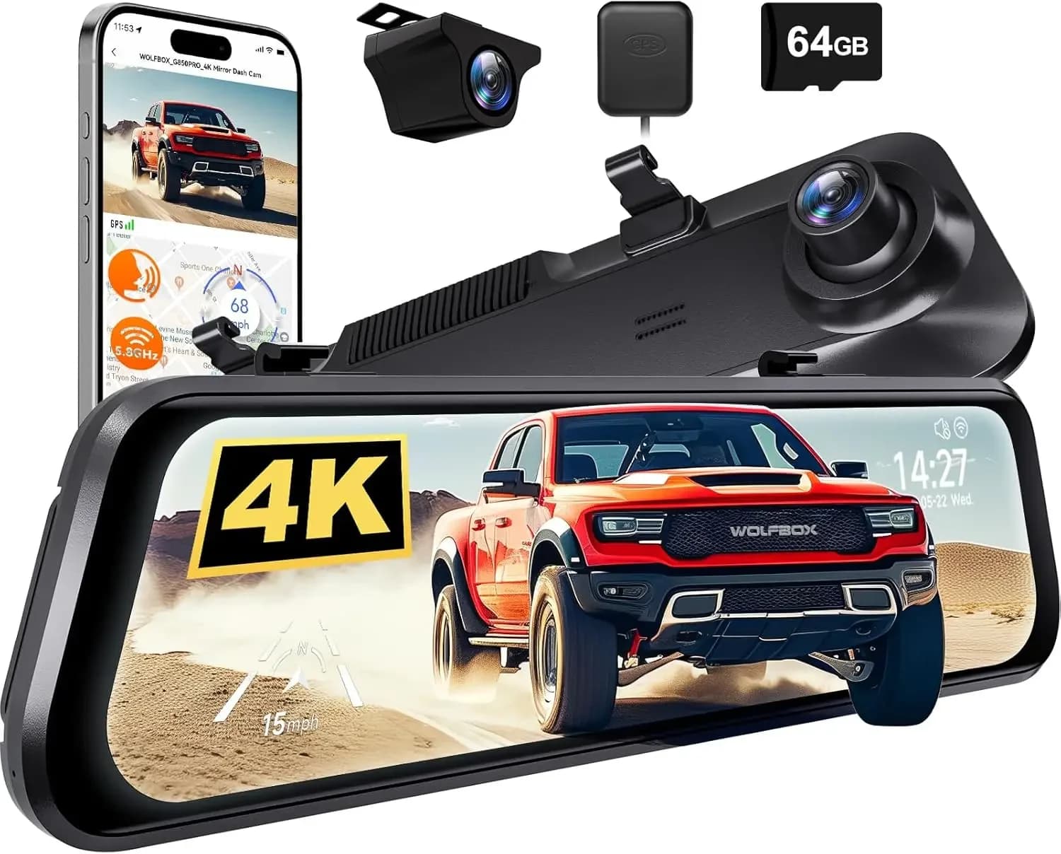 Dash Cam a Specchio 4K con ADAS e BSD, WiFi 5.8GHz, Controllo Vocale, Display da 12 Pollici, Include Scheda da 64GB e GPS