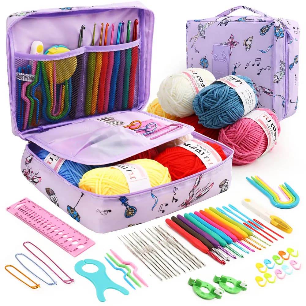 Kit per Principianti di Uncinetto con Borsa Portaoggetti, Set Completo di Uncinetti, Filati e Accessori per Lavori a Maglia, Strumenti per Amanti del Fai-da-Te