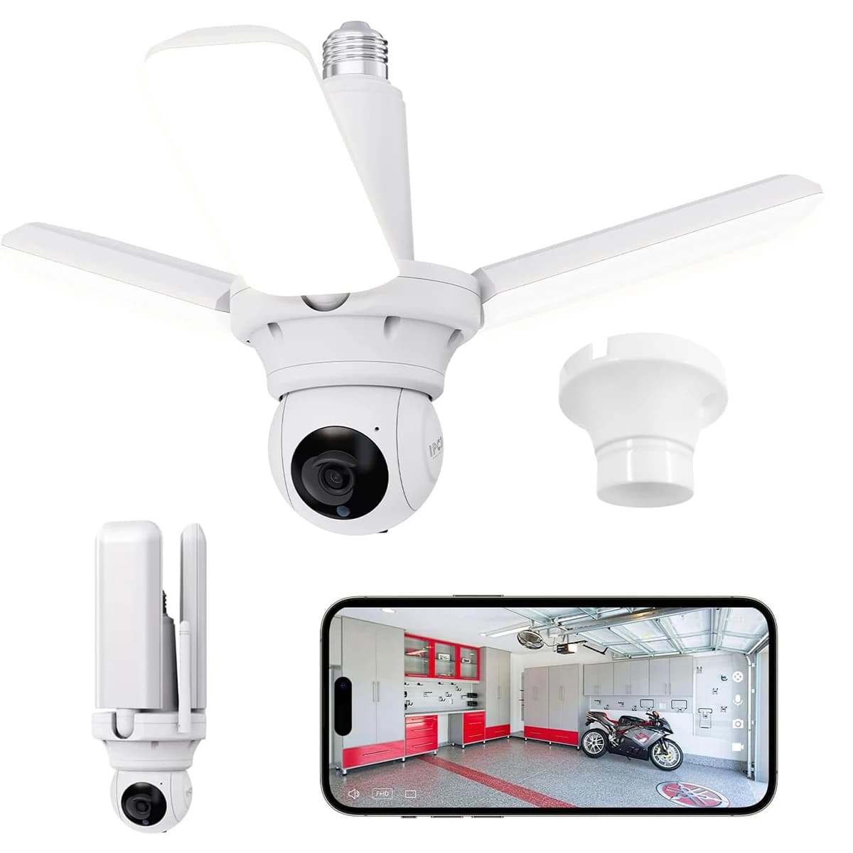 Telecamera a luce LED per garage, lavanderia, capannone, corridoio, base E26 con monitoraggio intelligente AI, sensore di movimento, audio bidirezionale