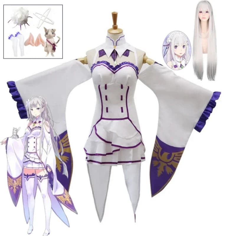 Re Zero Kara Hajimeru Isekai Seikatsu Emilia Costume Cosplay Copricapo da donna Vestito Halloween Party Anime Set completo di abbigliamento