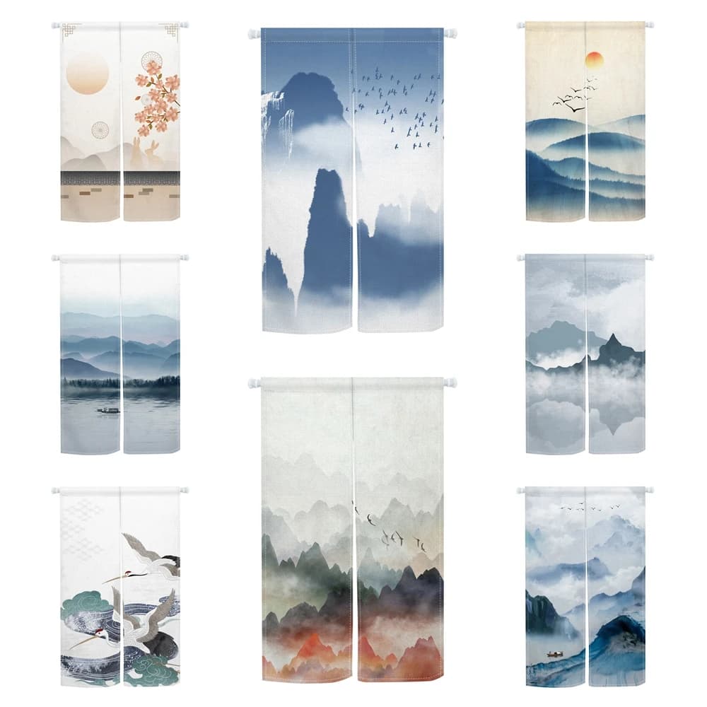 Traditional Japanese Noren Door Curtains Ink Wash Mountain Lake Crane Sunset Motifs for Izakaya Dining Room Partition Home Decor