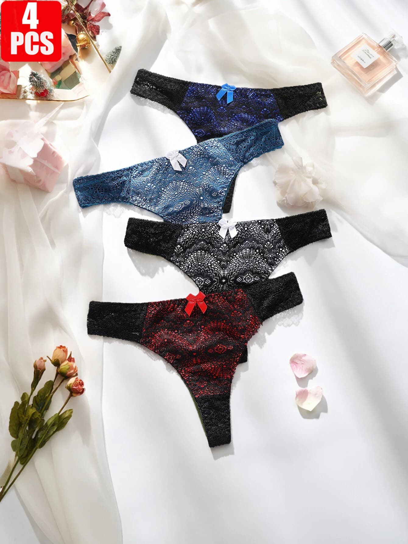 4-Pack of Women's Underwear, Sexy Lace Color-Blocking Low-Waist Contrasting Color Women's Close-Fitting Thong with Bow