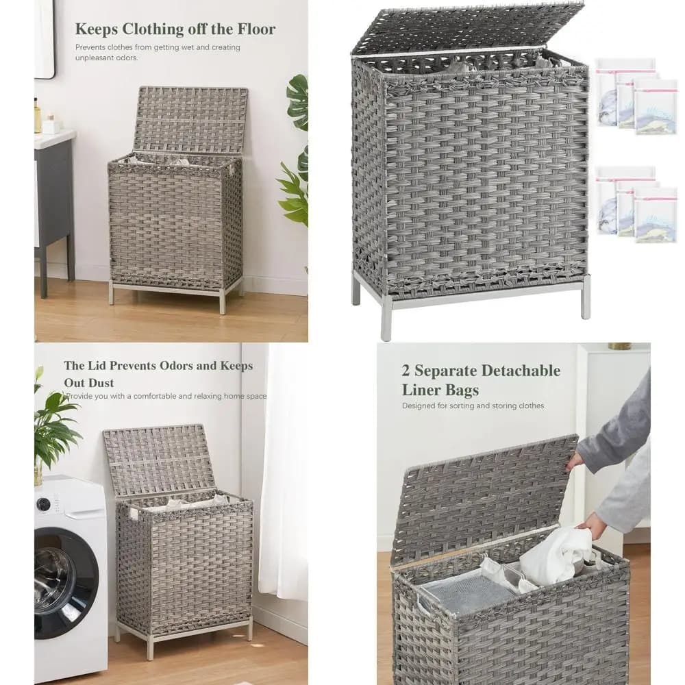 Cesto Portabiancheria in Rattan Intrecciato a Mano Grigio 112L con Coperchio, 2 Fodere Rimovibili e 6 Sacchetti a Rete per Vestiti e Organizzazione Bagno
