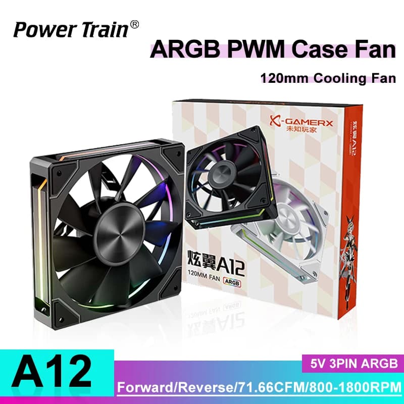 Power Train X-GAMERX A12 ARGB Ventola con custodia CPU 120mm 5V 3PIN Sincronizzazione illuminazione scheda madre 4PIN PWM 800-1800RPM 71.66CFM Ventola di raffreddamento con custodia