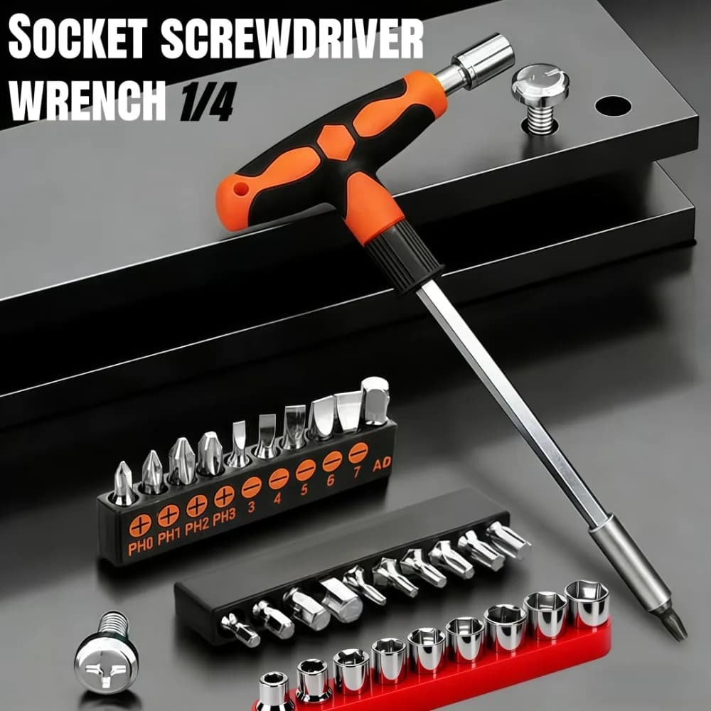 Set di Chiavi a Bussola Esagonali a T da 1/4, 5-13mm, Cromate, con Punte Sostituibili, Cacciavite Manuale e Set di Punte per Avvitare