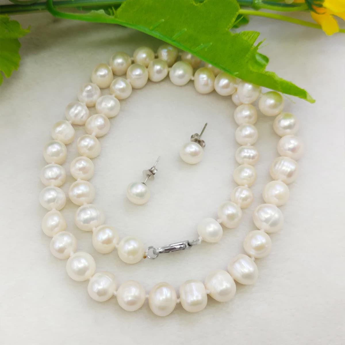 Set di Collana e Orecchini con Perle Naturali d'Acqua Dolce Bianche Quasi Rotonde 7-8/8-9mm, Design per Creazione di Gioielli alla Moda, Regalo per Donne, 18 Pollici