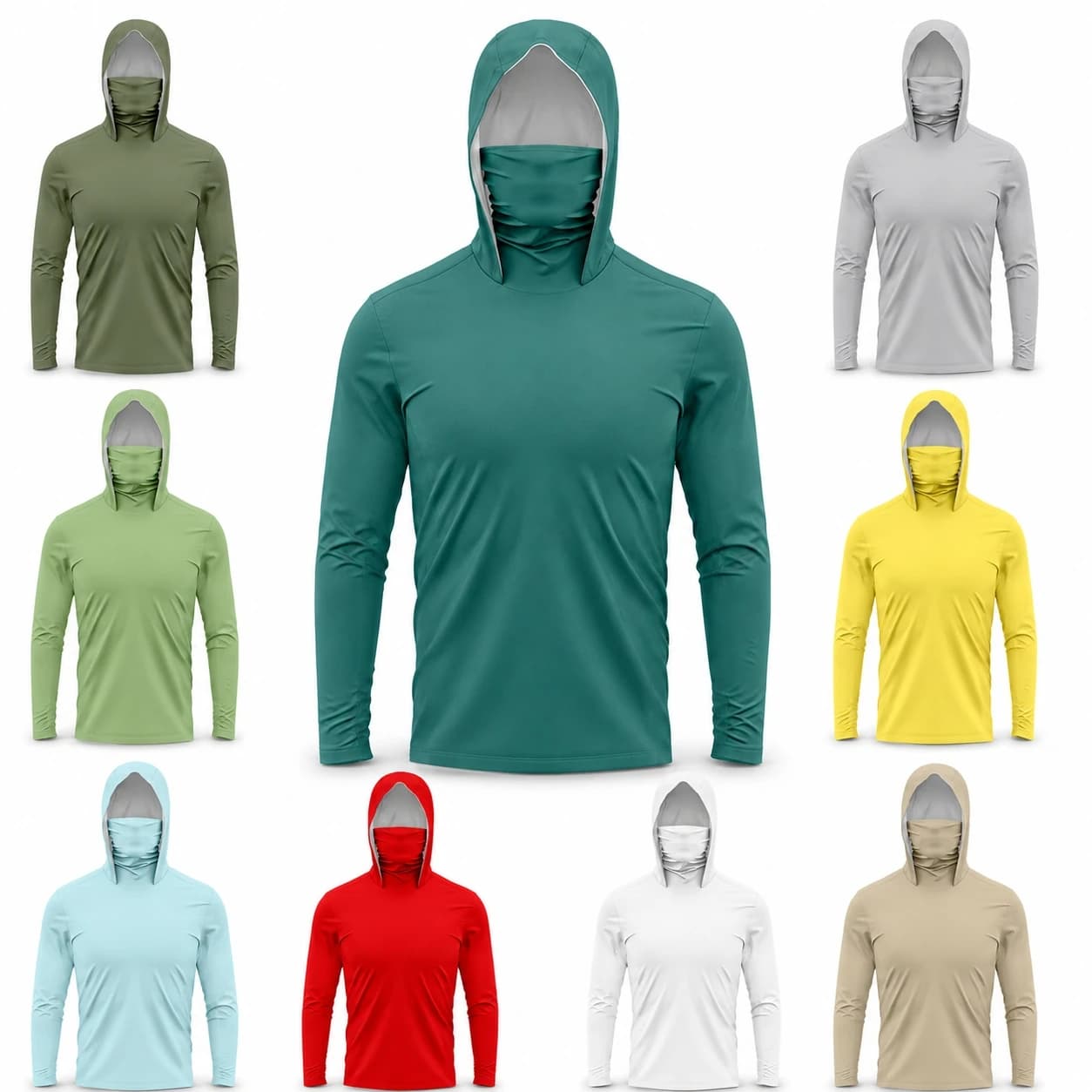 Men UPF50+ Solid Fishing Hoodie Built‑in Face Mask Lightweight Long‑Sleeve Quick Dry Hiking Boating Shirts Multi‑Colors