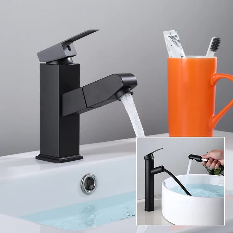 Rubinetto per lavabo moderno nero estraibile con getto per doccia Rubinetto per lavabo in acciaio inossidabile Gru miscelatrice per acqua calda fredda