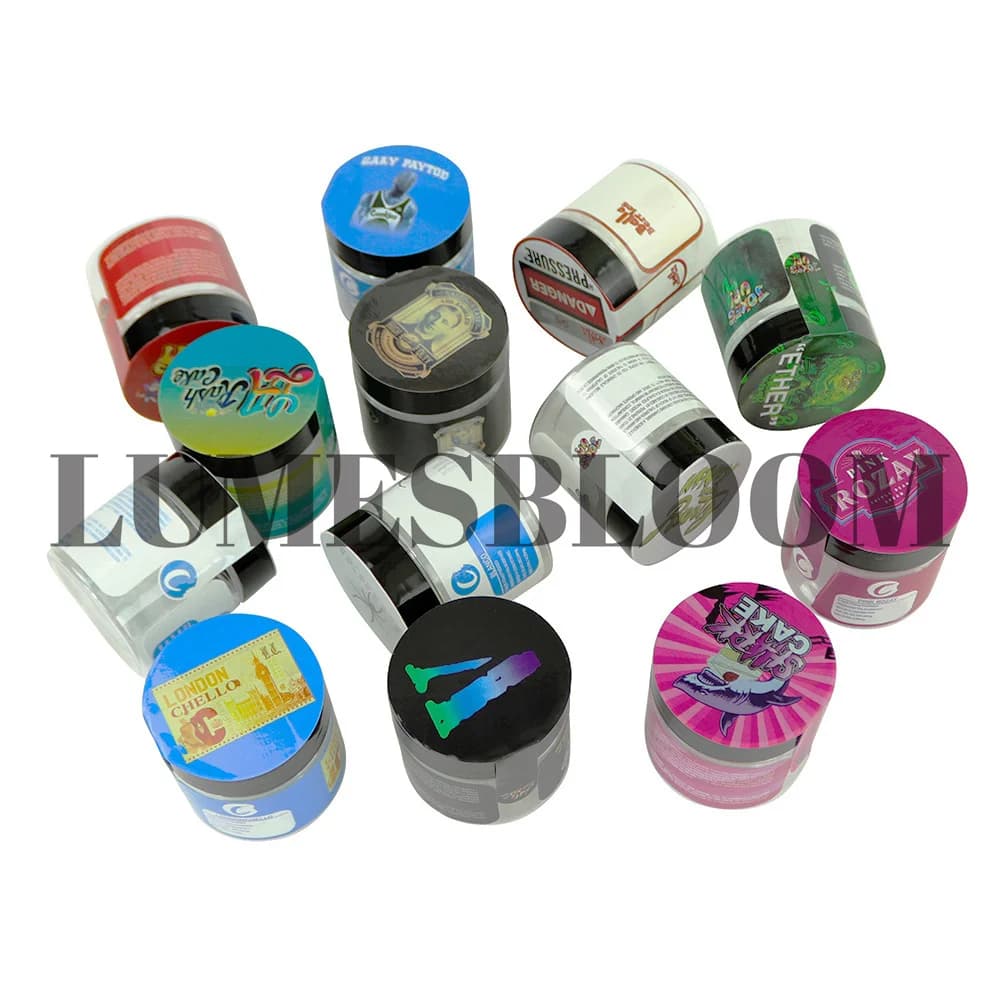 Barattolo di plastica vuoto da 50 ml Set di adesivi sigillati ai colori Personalizza il contenitore riutilizzabile laser UV Biscotto Caramelle gommose Spezie Grani