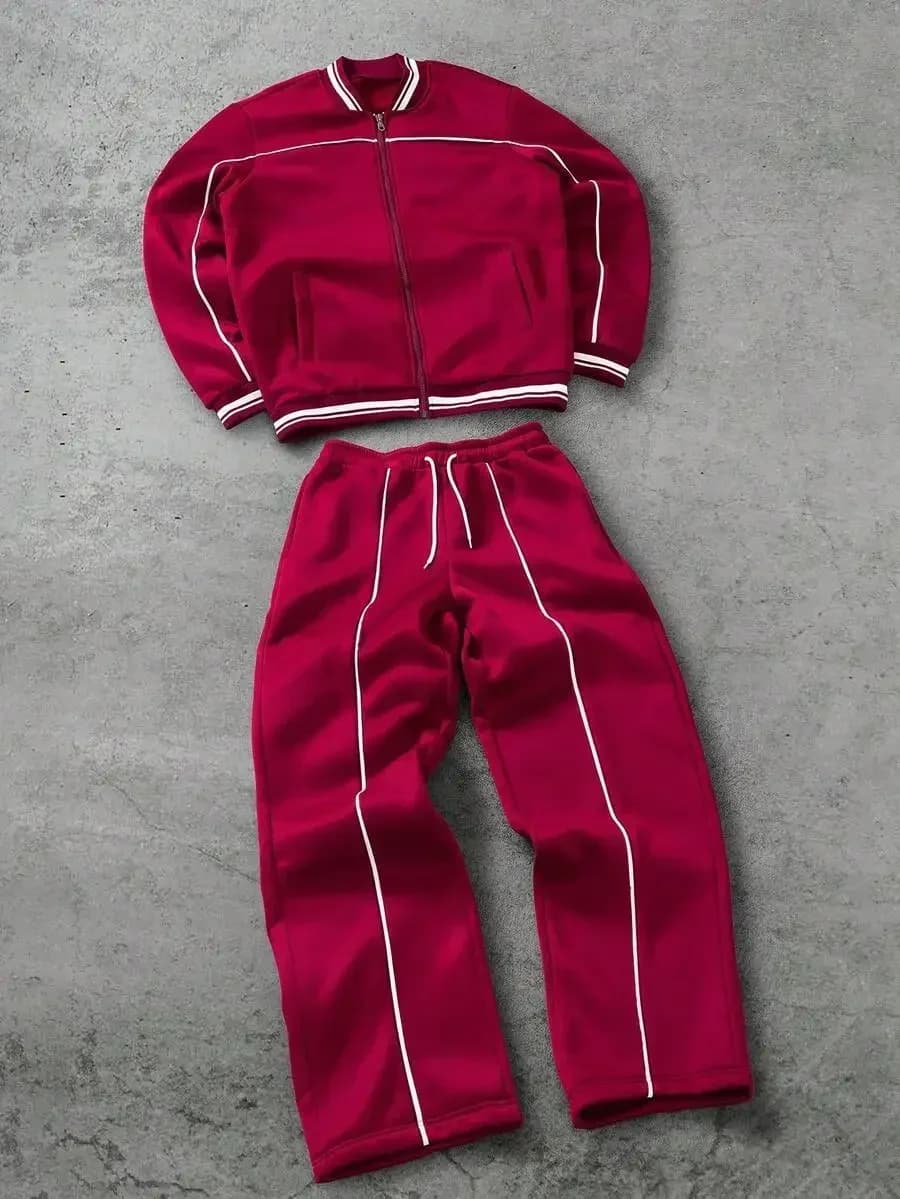 Completo sportivo casual da uomo con giacca e pantaloni a righe bordeaux