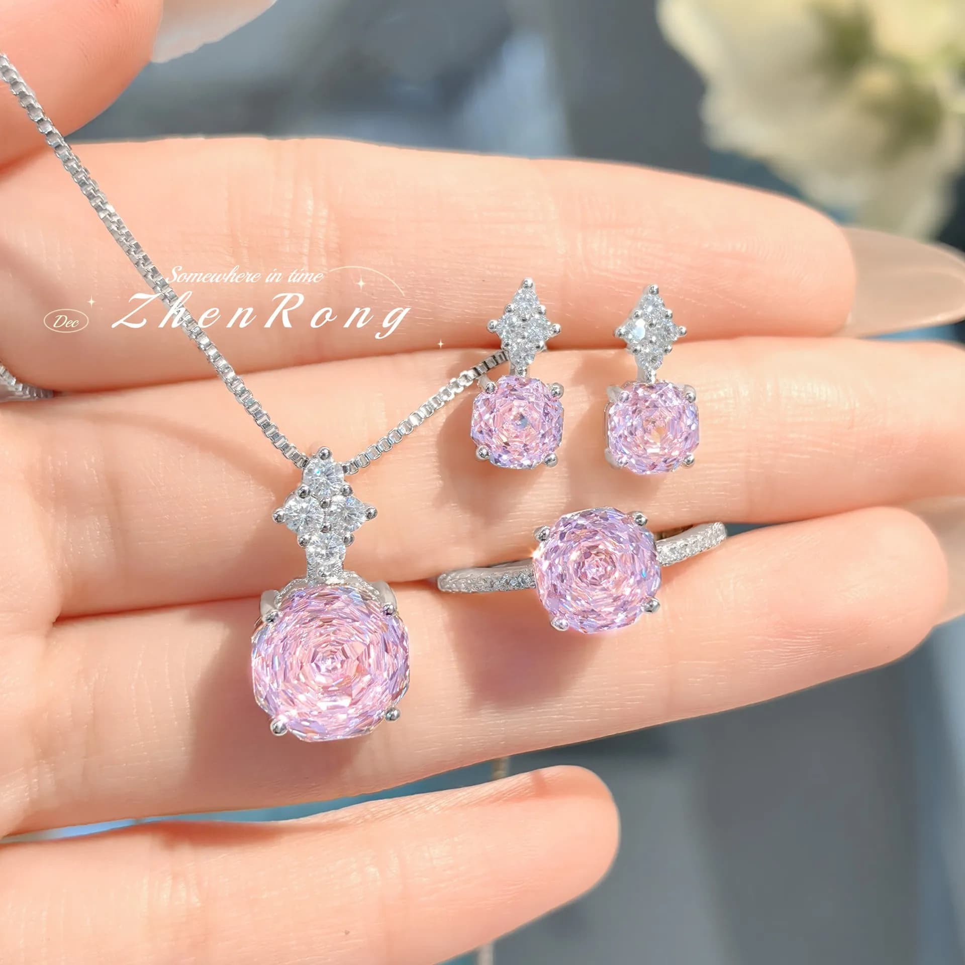 S925 Sterling Silver Ring Necklace Earrings Set Light Luxury Pendant with Champagne Diamond Apple Green Pink Diamond for Women