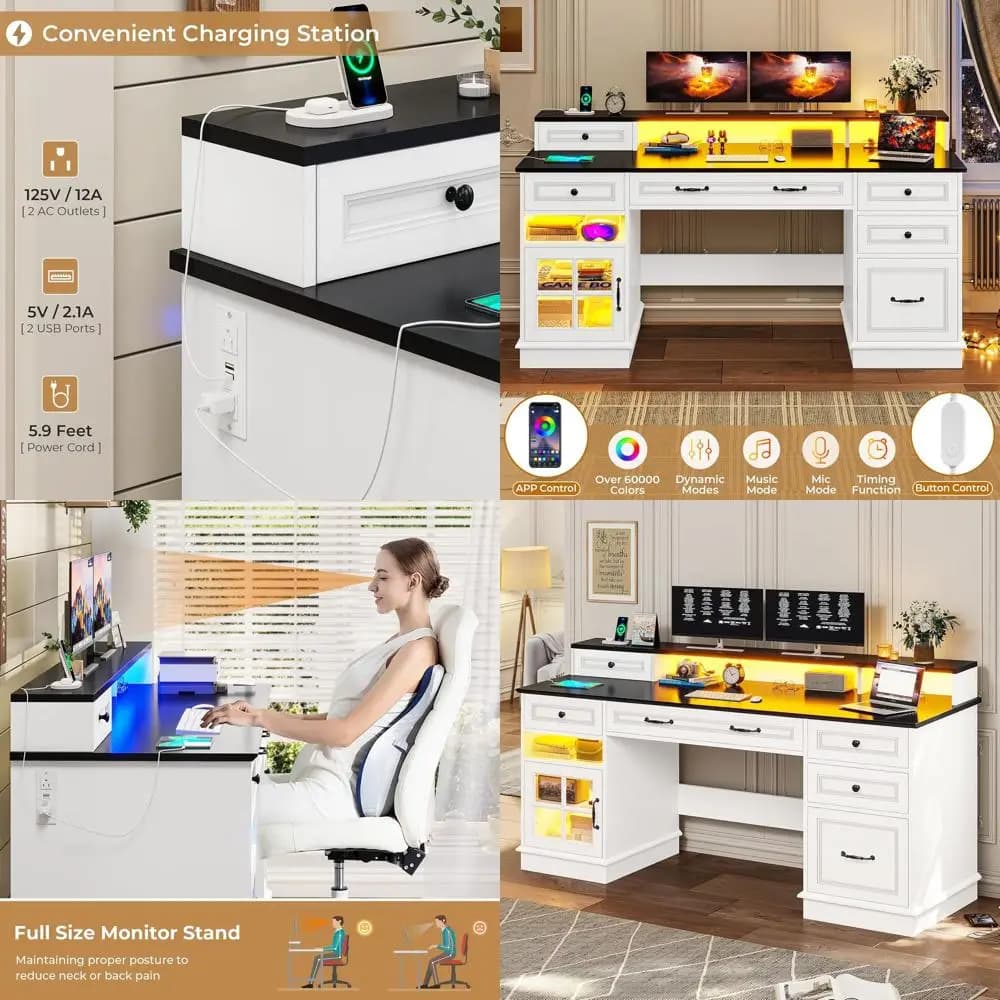 Scrivania Moderna per Ufficio Domestico con Supporto Monitor, Cassetti, Armadietto e Stazione di Ricarica