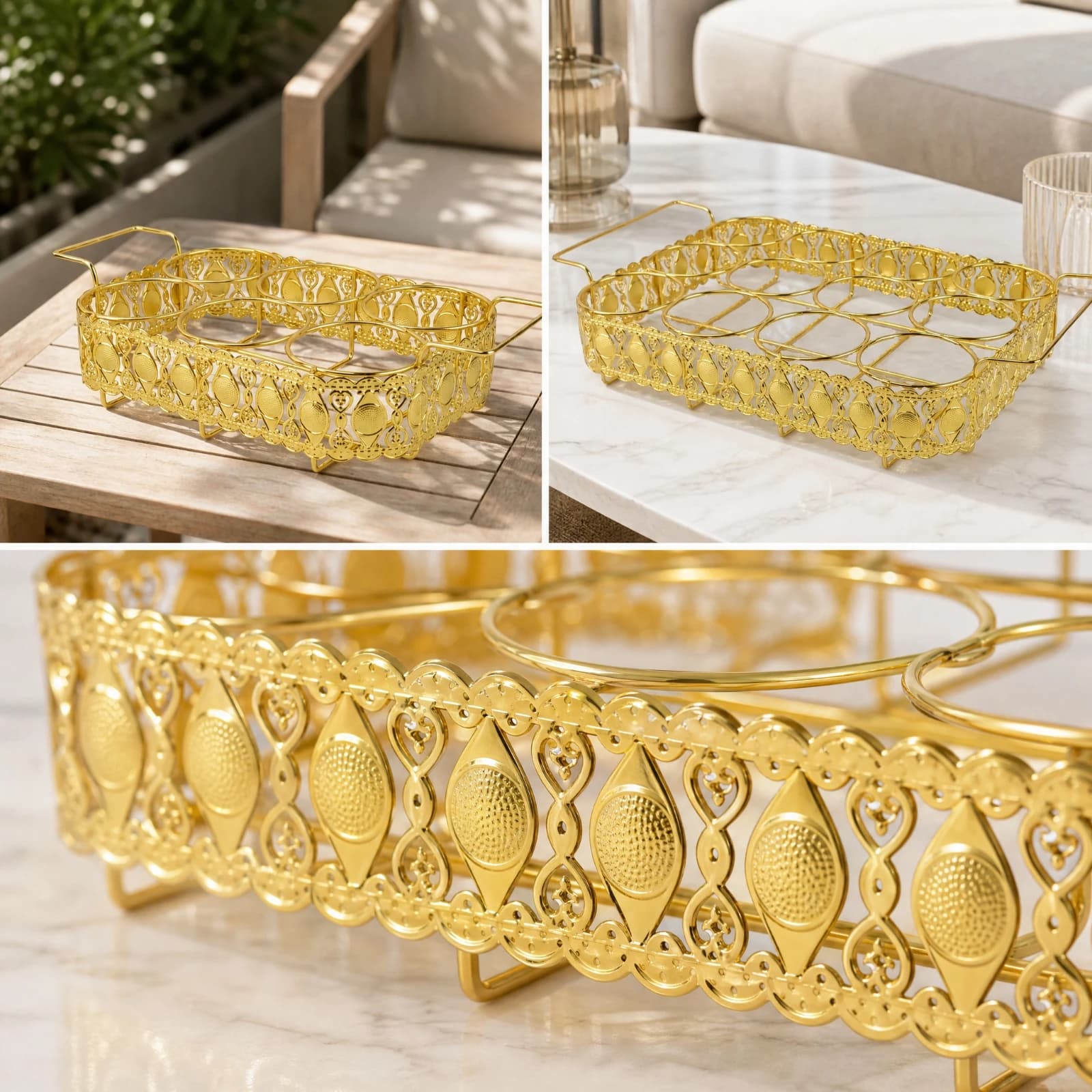 Ornate Metal Beverage Serving Tray with Raised Feet and Built in Can Holder for Bar Counter Use