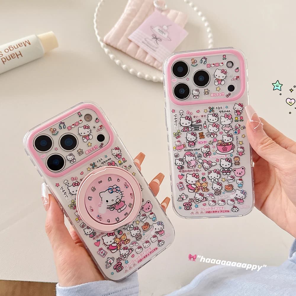 Nice Carton Sanrio Hello Kitty 360 ° Phone Case with swivel holder and ring for iPhone 17 16 15 14 13 Pro Max