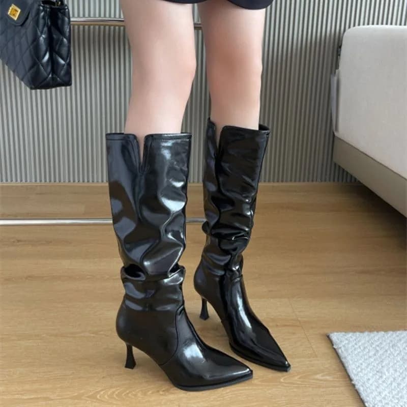 Pointed-toe, Low-heeled Stack Boots, Ankle-high, Platform, Long Boot for Women