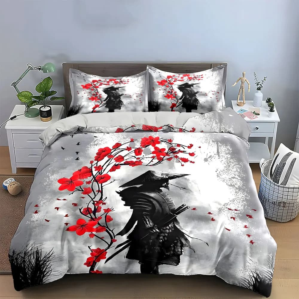 Stampe d'arte samurai, set di biancheria da letto per la decorazione della casa con 1 copripiumino, 2 federe, singolo, matrimoniale, king size, queen size, regalo