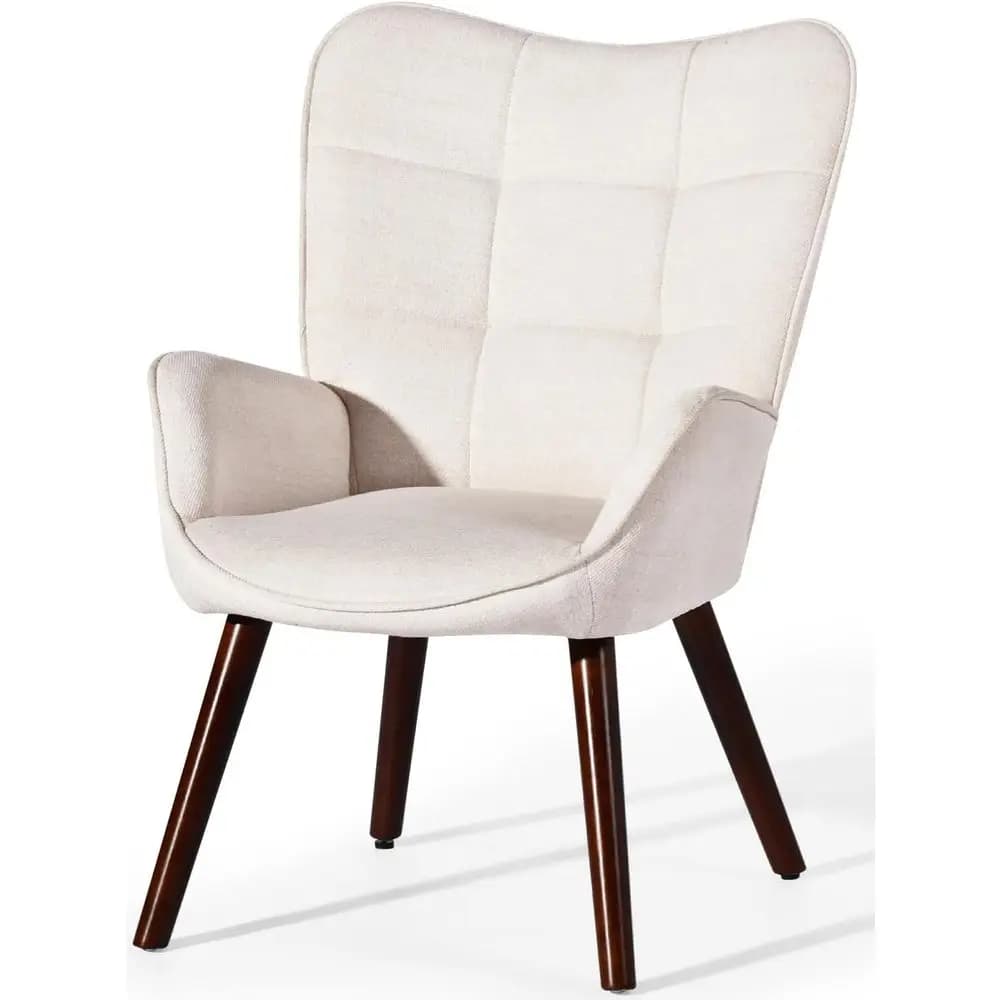 Elegante Poltrona Imbottita con Schienale Alto e Gambe in Legno Massello, Comoda e Raffinata per Soggiorno o Camera da Letto, Beige/Noce