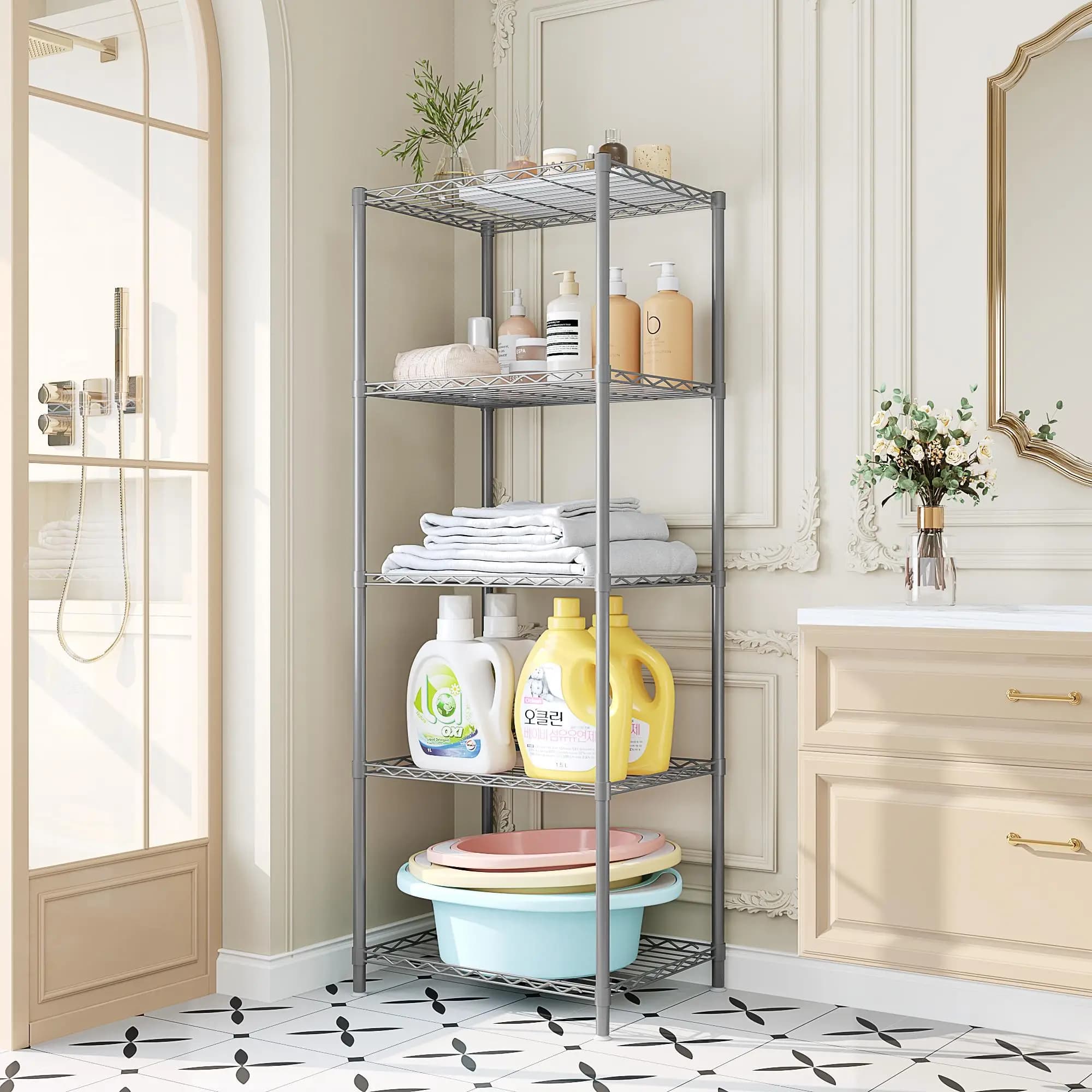 Heavy Duty 5-Tier Metal Shelving Unit Freestanding Wire Rack Storage Organizer Utility Shelf for Kitchen Utensils Pantry Garage Bathroom Laundry Room Space Saving Stand