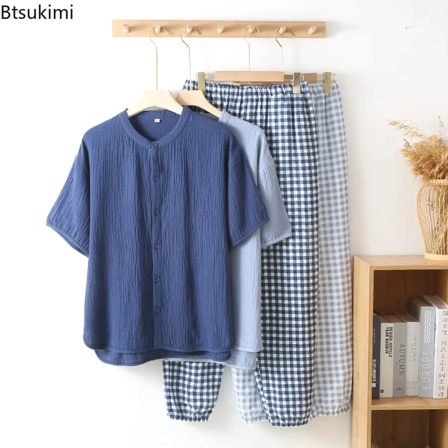 2026 Men's Spring Summer Casual Pajama Sets 100% Cotton Thin Style Solid Tops and Plaid Pants Sets for Men Home Service Suit New